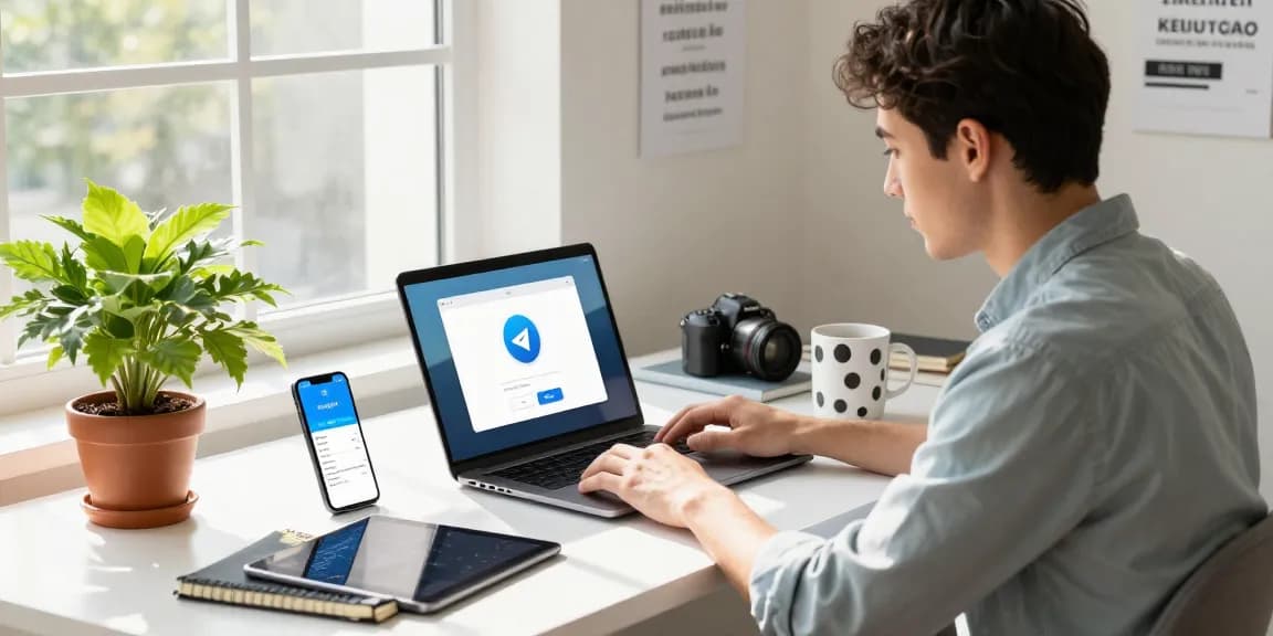 Download Telegram in a modern home office setup with vibrant decor and productivity.