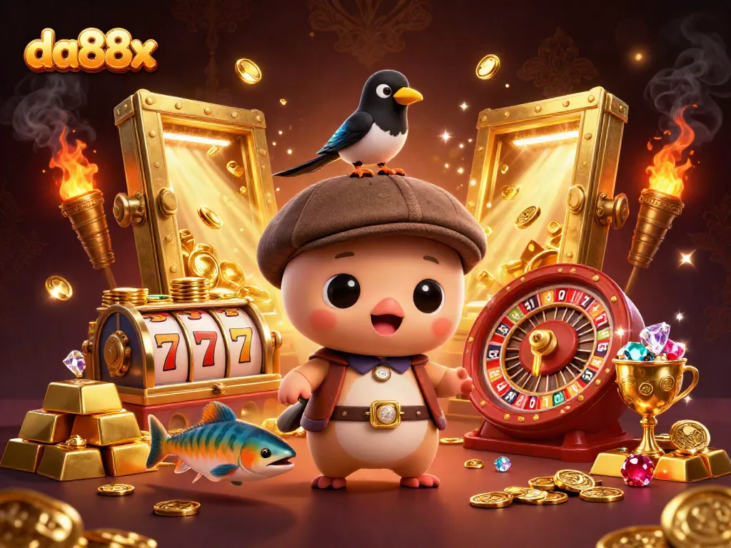 Experience winning moments with da88x in this playful casino-themed illustration featuring cartoon Nessie.