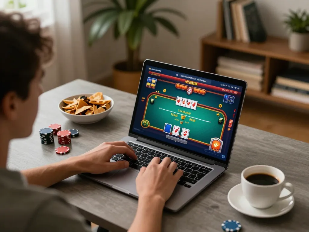 Player enjoying an online poker game on J88, revealing Texas Hold'em strategy in a cozy home setup