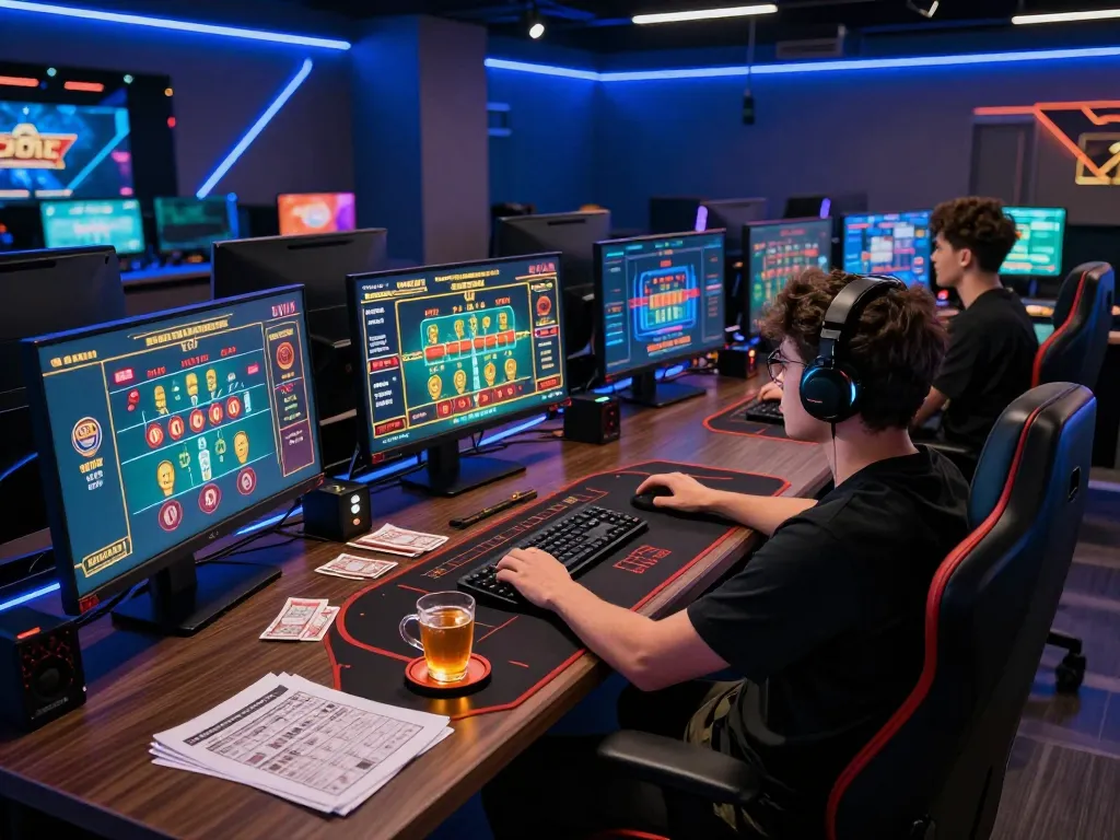 Engaging online gaming experience with debet displayed on multiple screens in a modern setup.