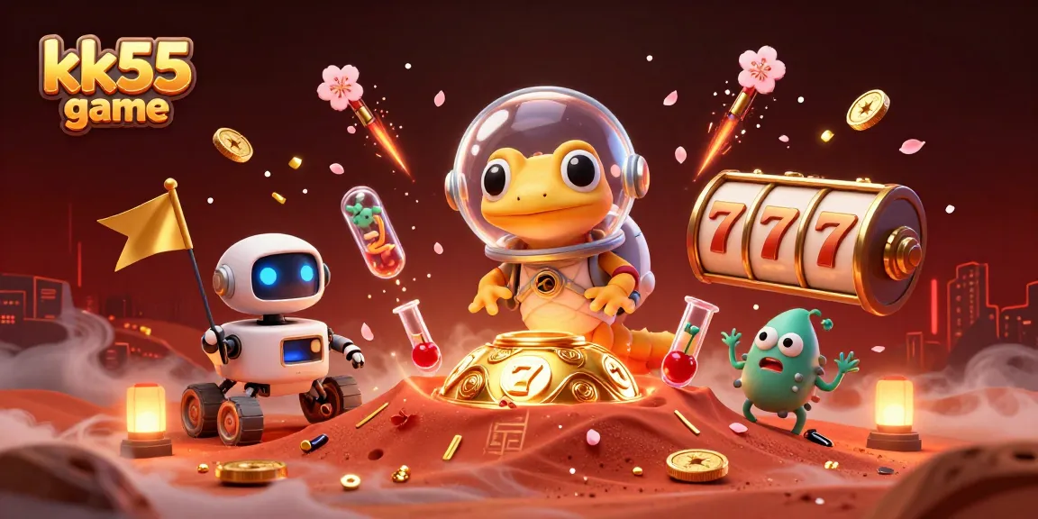 Play kk55 game amidst a vibrant casino scene with a Martian gecko and festive details.