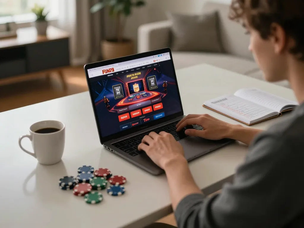 Player enjoying FUN79 online casino experience at home with strategy notes nearby