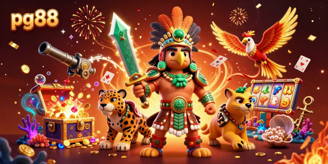 Engage with pg88's thrilling slot action as Aztec warriors battle among treasures and vibrant casino elements.