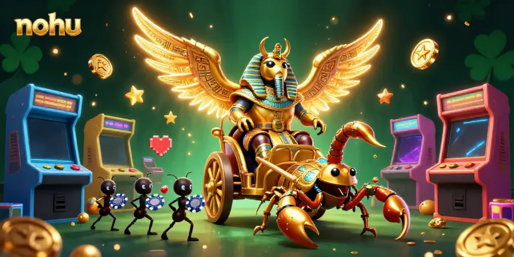 Nohu casino experience featuring a golden scarab beetle and scorpions amidst vibrant gaming icons.