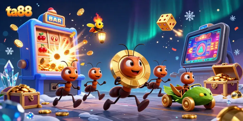 Experience the thrill of ta88 as ants stealthily transport a colossal poker chip through a vibrant casino heist scene.
