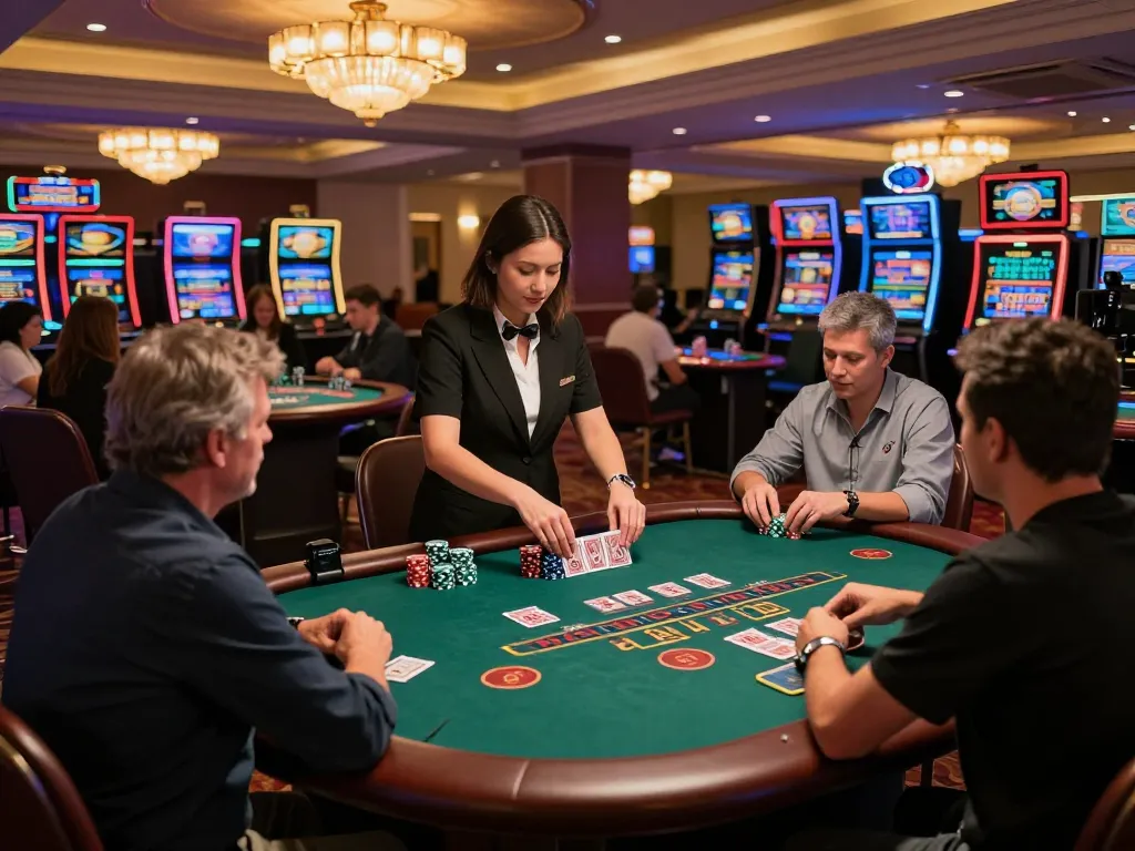 fun88s players engaging in a thrilling blackjack game at a luxurious casino with vibrant atmosphere
