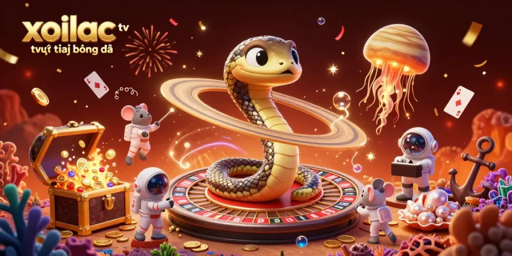 Xoilac tv trực tiếp bóng đá featuring a vibrant sports betting scene with a cosmic twist, showcasing cartoon characters and casino elements.