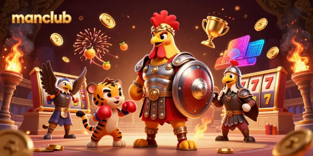 Experience the excitement at manclub with a dynamic scene featuring a gladiator rooster and tiger cub in a casino setting.