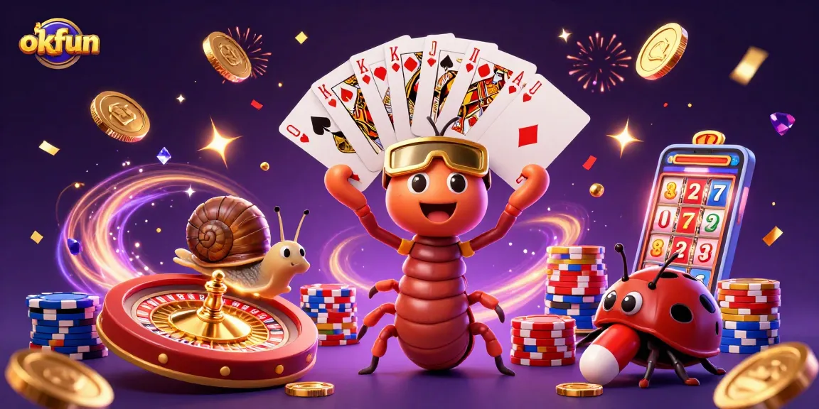 Join the excitement at okfun with a vibrant casino-themed illustration featuring a playful dealer and thrilling game elements.
