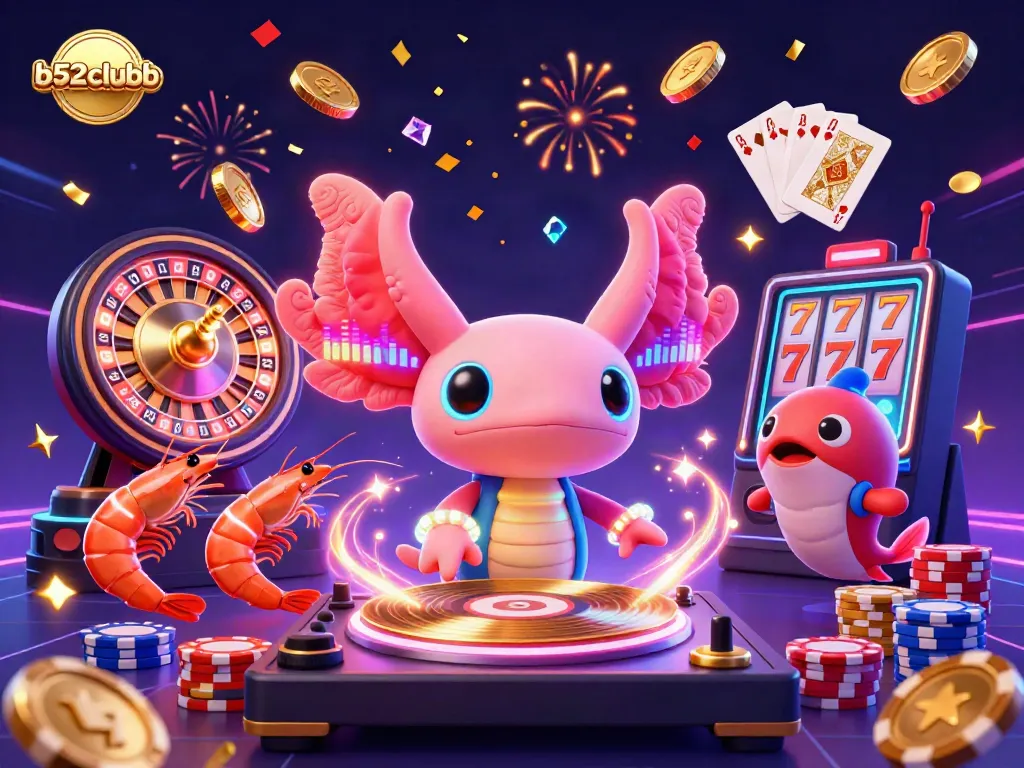 Experience the excitement of b52clubb with a 3D DJ axolotl and casino elements in an underwater party scene.