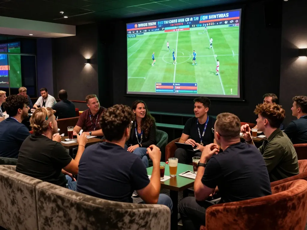 fun88s enthusiasts strategizing bets in an upscale sports lounge with large screens.