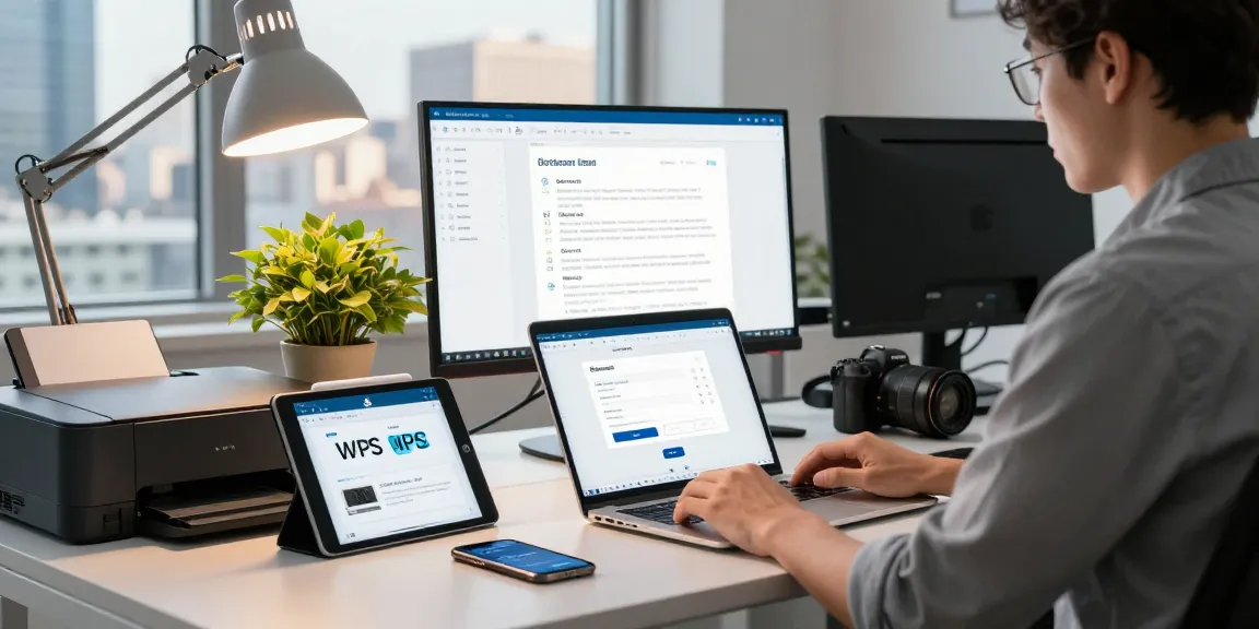 Profession downloading WPS Download software in modern office, showcasing tech tools and vibrant workspace.