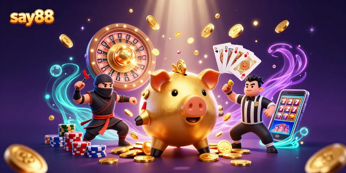 Experience the thrill at say88 with a dazzling gaming scene filled with gold coins and vibrant characters.