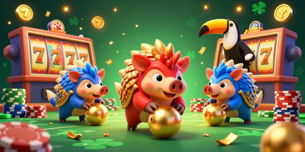 Engage in thrilling abc8 casino action as cartoon pangolins bowl through stacks of poker chips.