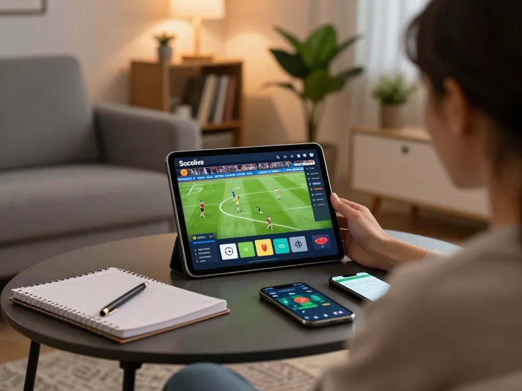Watching truc tiep bong da hom nay through Socolive on a tablet, cozy home setting with engaging atmosphere.