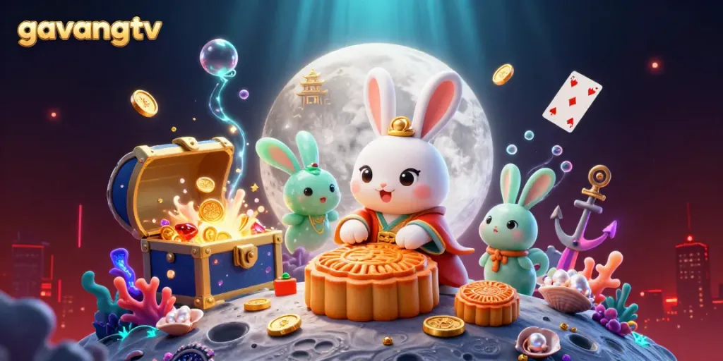 A dynamic scene showcasing gavangtv's unique blend of culture and gaming, featuring moon rabbits and poker chips.