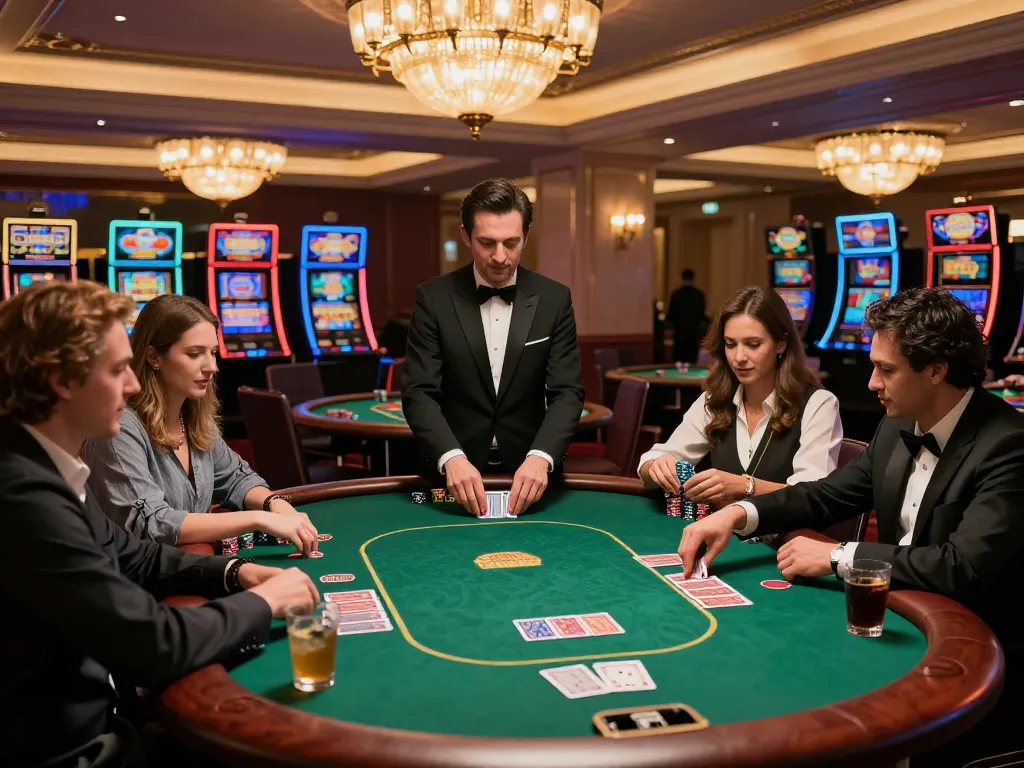 Engage in ok fun at a luxurious poker table as players strategize their bets in an upscale casino setting.