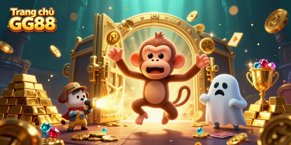 Play and win at Trang chủ GG88 with a lively scene of a poltergeist monkey and a ghost-hunter puppy in a vibrant casino.