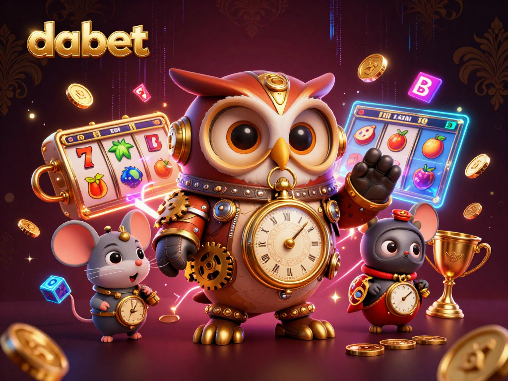 Dabet reveals a whimsical time-traveling owl in a vibrant casino realm of slots and jackpots.
