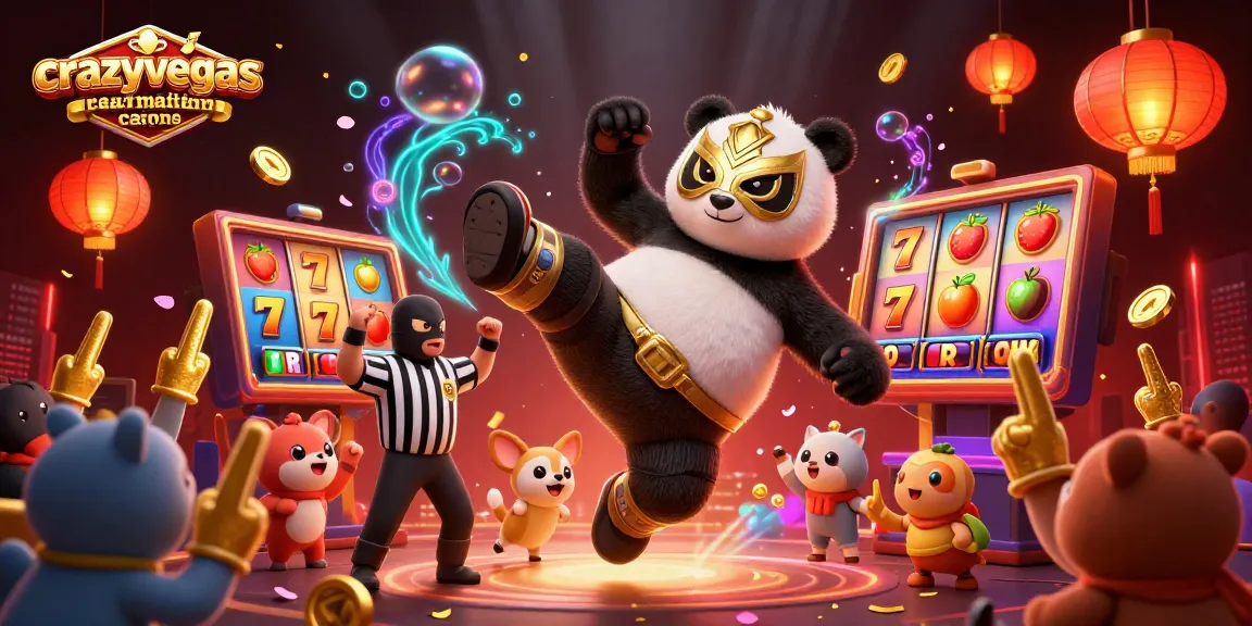 Experience excitement at crazyvegas australia real money casinos with a panda wrestler and vibrant casino elements.