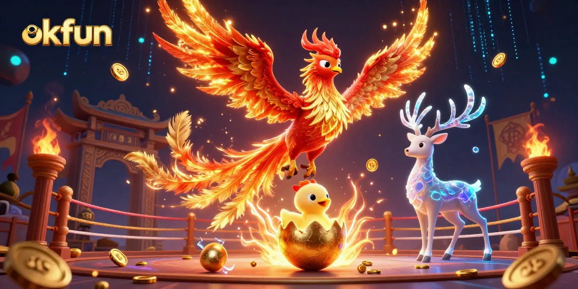 Engage in exhilarating gaming action at okfun with a striking phoenix, a mystical stag, and dynamic casino elements.