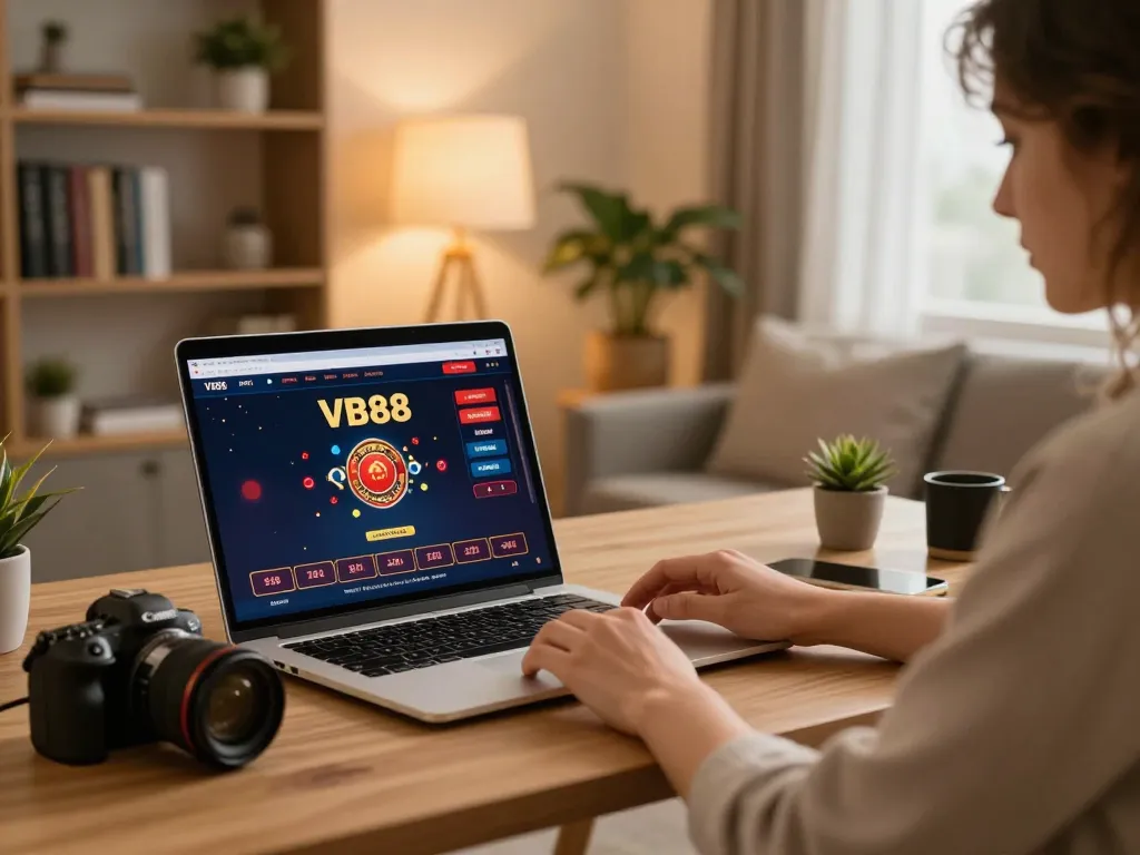Play online at VB88 casino from a stylish home office with engaging gameplay visible