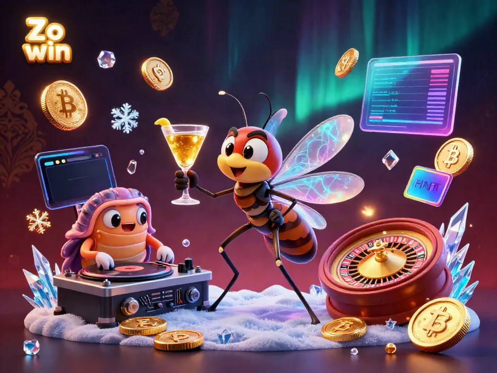 Engage in thrilling gaming at Zo win with a vibrant casino scene featuring characters and crypto elements.