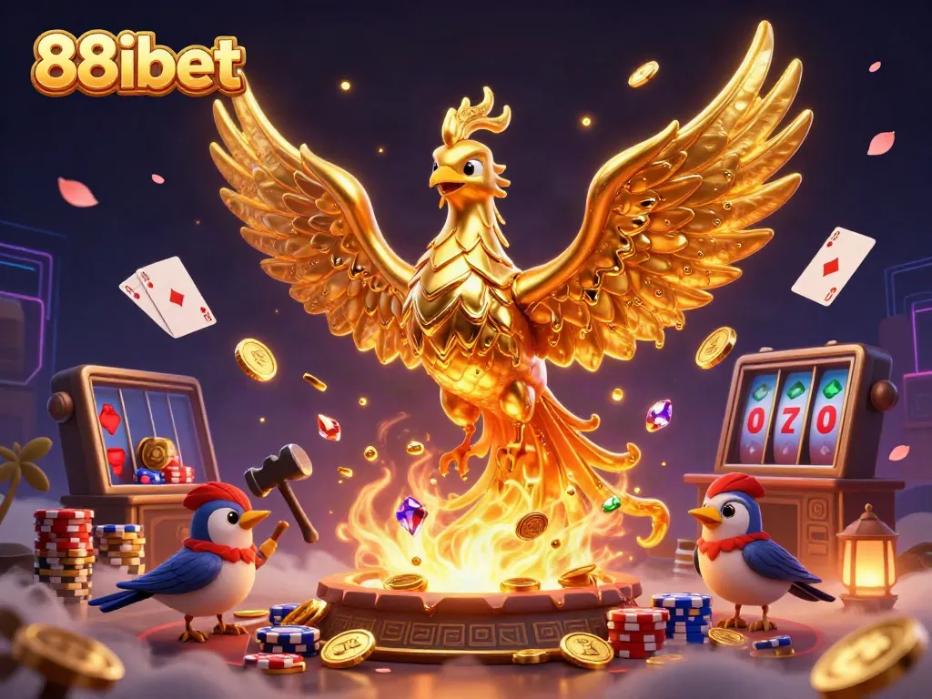 Experience thrilling gaming wins at 88ibet with dynamic scenes of a golden phoenix and casino elements.