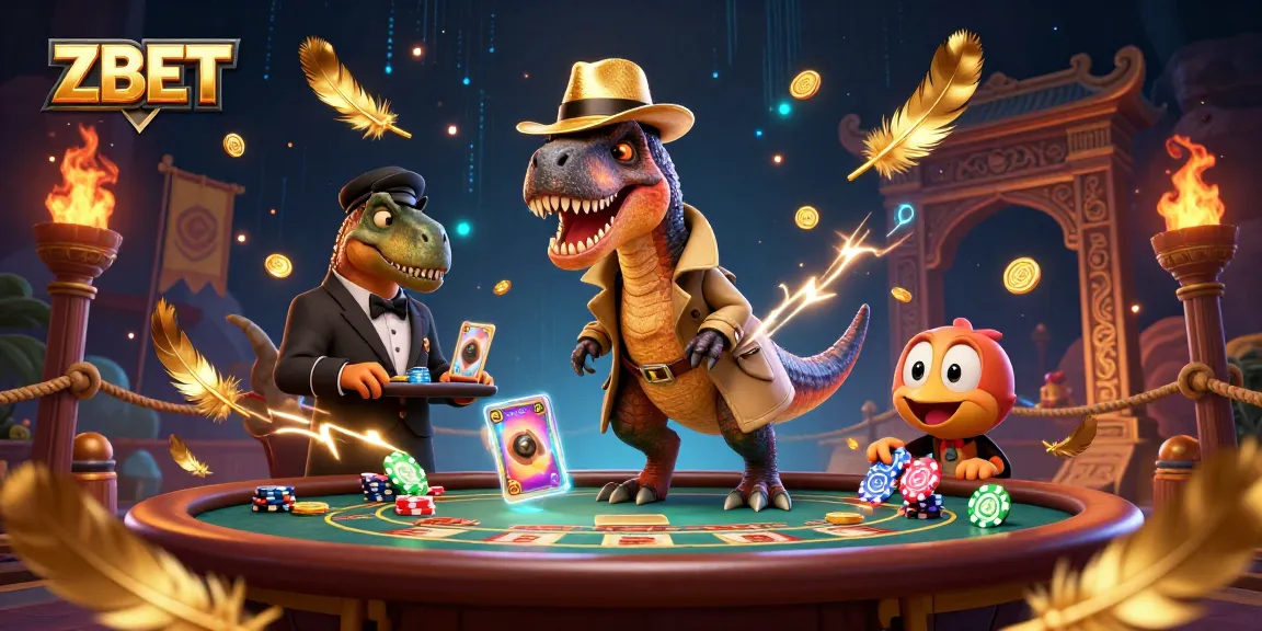 ZBET card counter velociraptor blending in at a blackjack table amid vibrant gaming elements.
