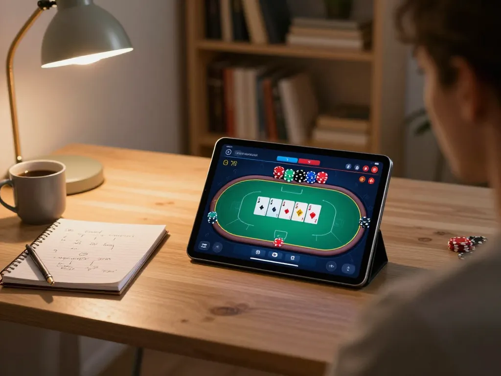 b52club online poker gameplay on tablet in a stylish home office focusing on strategic betting.