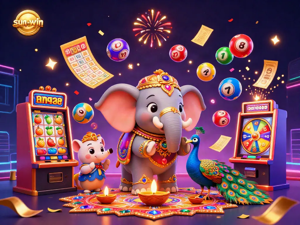 Experience the excitement of sun-win with vibrant slots and festive characters in a dynamic casino scene.