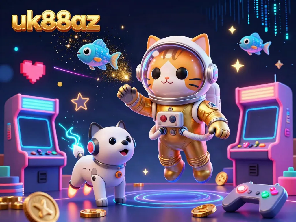 Experience thrilling fun at uk88az featuring a cosmic scene with an astronaut cat and arcade games amidst golden nebulae.