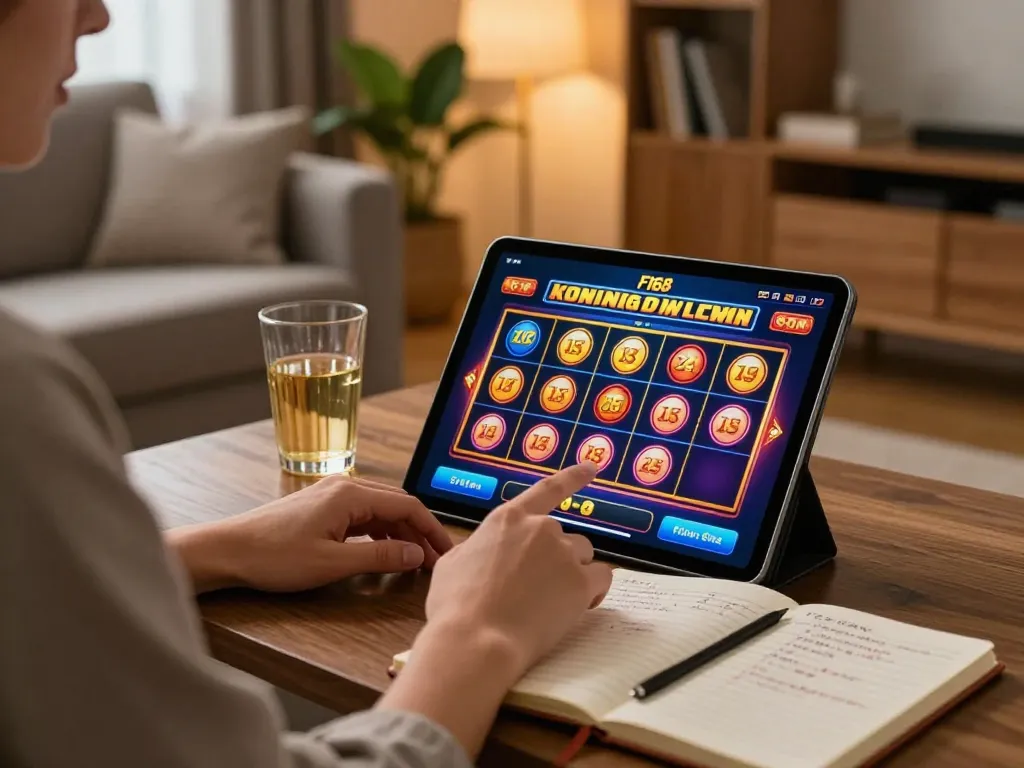 Player enjoying F168 online casino on a tablet, surrounded by strategic notes and a cozy atmosphere.