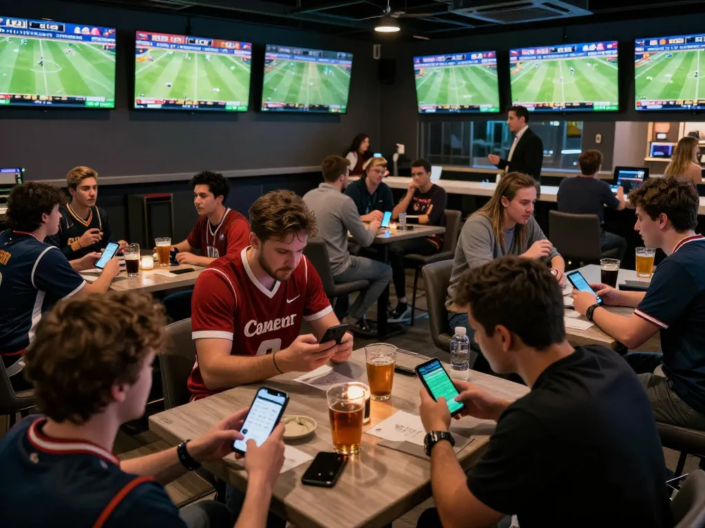 yo88i enthusiasts checking sports betting apps in a vibrant sports bar setting