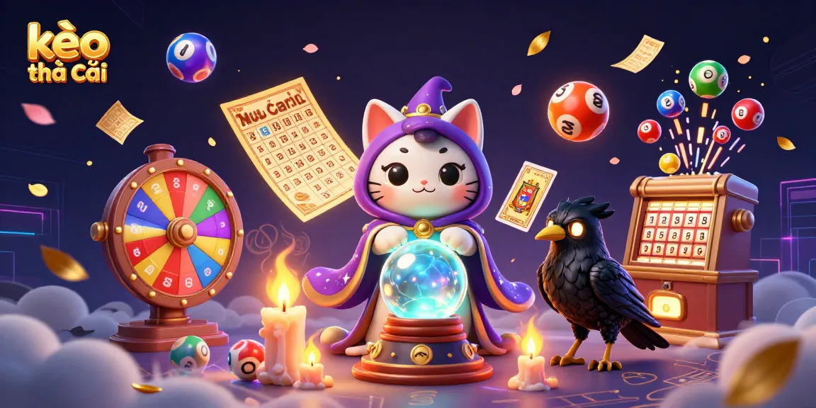 Engage with the vibrant kèo nhà cái scene featuring a mystic cat and tarot raven surrounded by dynamic lottery elements.