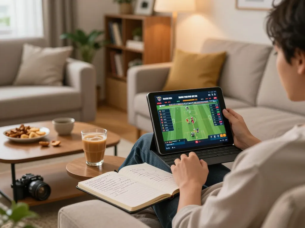 Engaging in truc tiep bong da hom nay through online betting on a tablet in a cozy home setting.