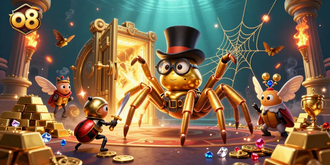 Experience thrill at o8 with a golden tarantula and beetle knight in this vibrant casino scene.