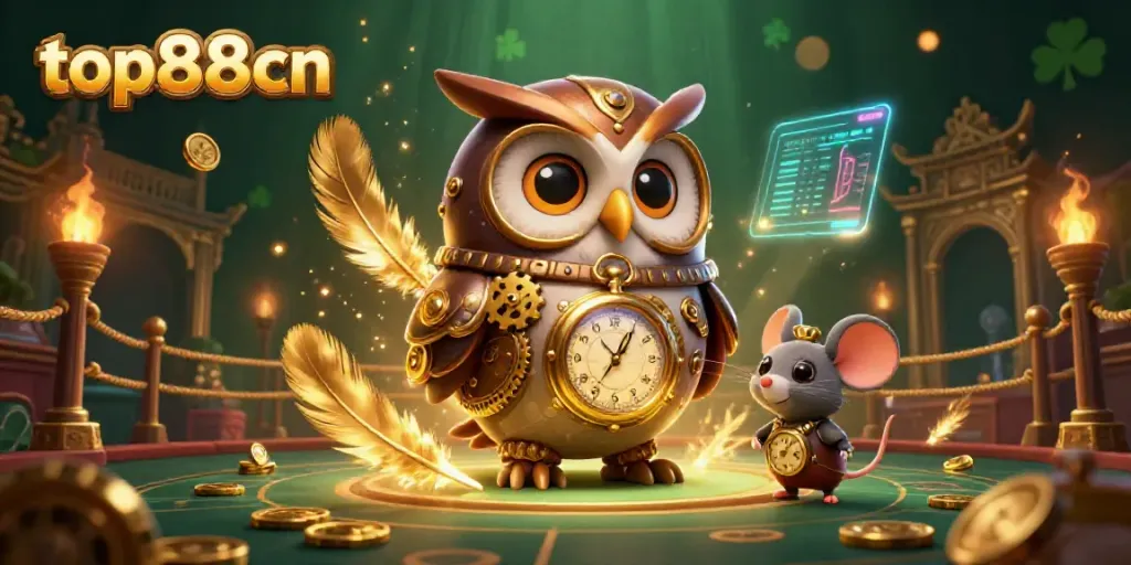 Experience the excitement of top88cn with a vibrant 3D illustration depicting a casino scene with time-traveler characters and gaming elements.