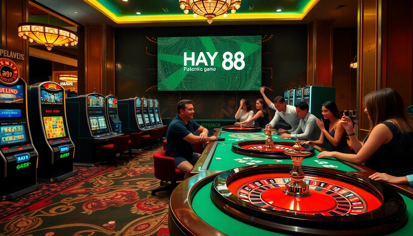 Exciting gambling scene at HAY 88 casino featuring players at tables and slot machines.