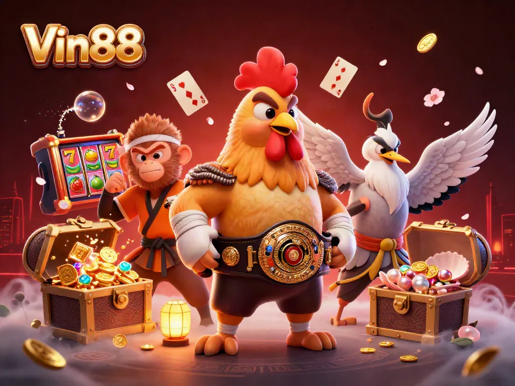 Engage in thrilling gameplay at Vin88 with dynamic casino characters and vibrant slot visuals.