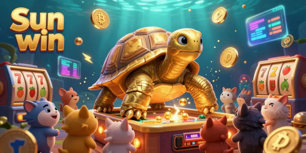 Enjoy thrilling slot games at Sun win with a giant tortoise pinball machine illustration full of vibrant casino elements.