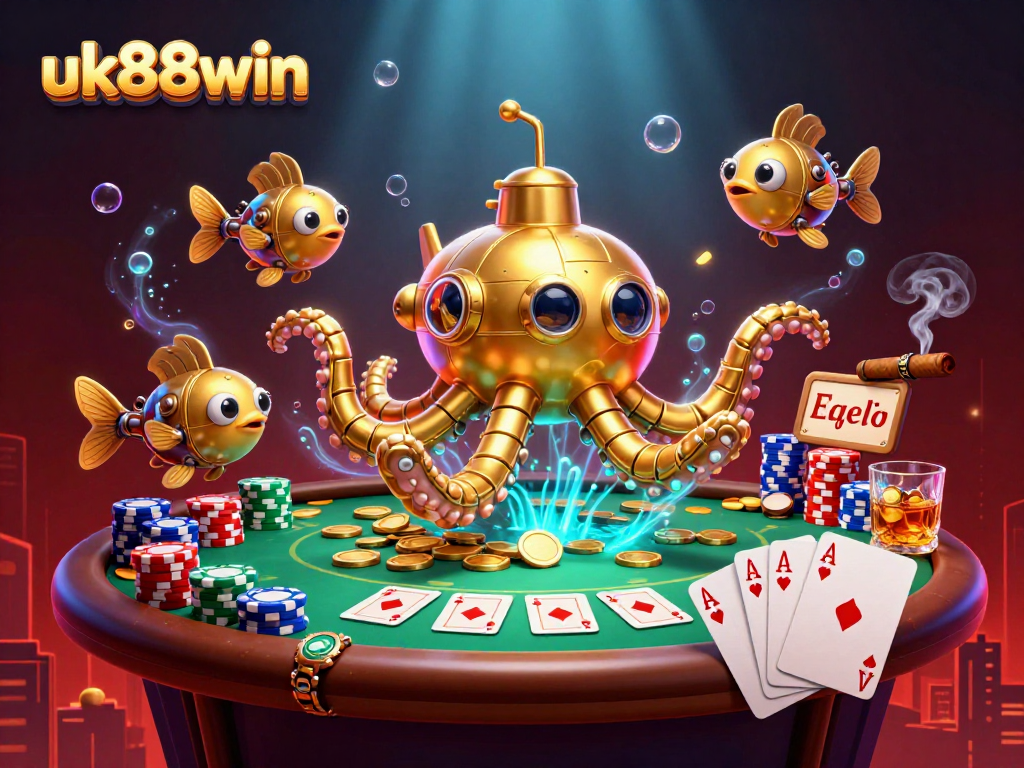 uk88win showcases a vibrant casino scene with a golden kraken submarine and poker elements.