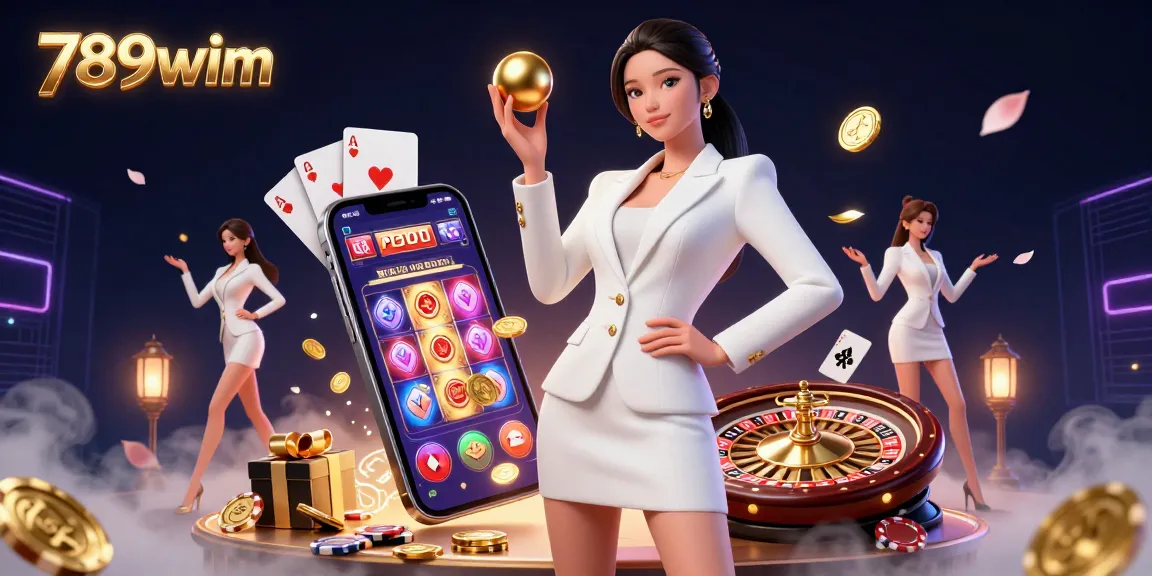 Experience the allure of 789wim with a glamorous Asian woman holding a roulette ball, amidst rich casino elements.