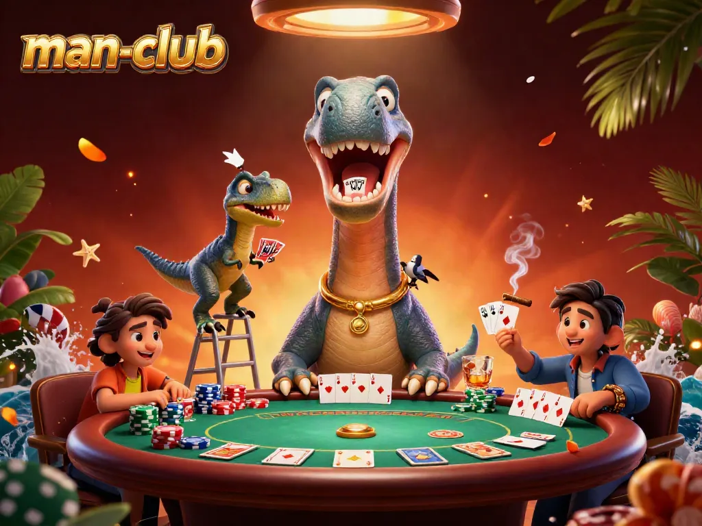 Engage with the man-club dynamic scene of a brontosaurus and raptor at a vibrant poker table.
