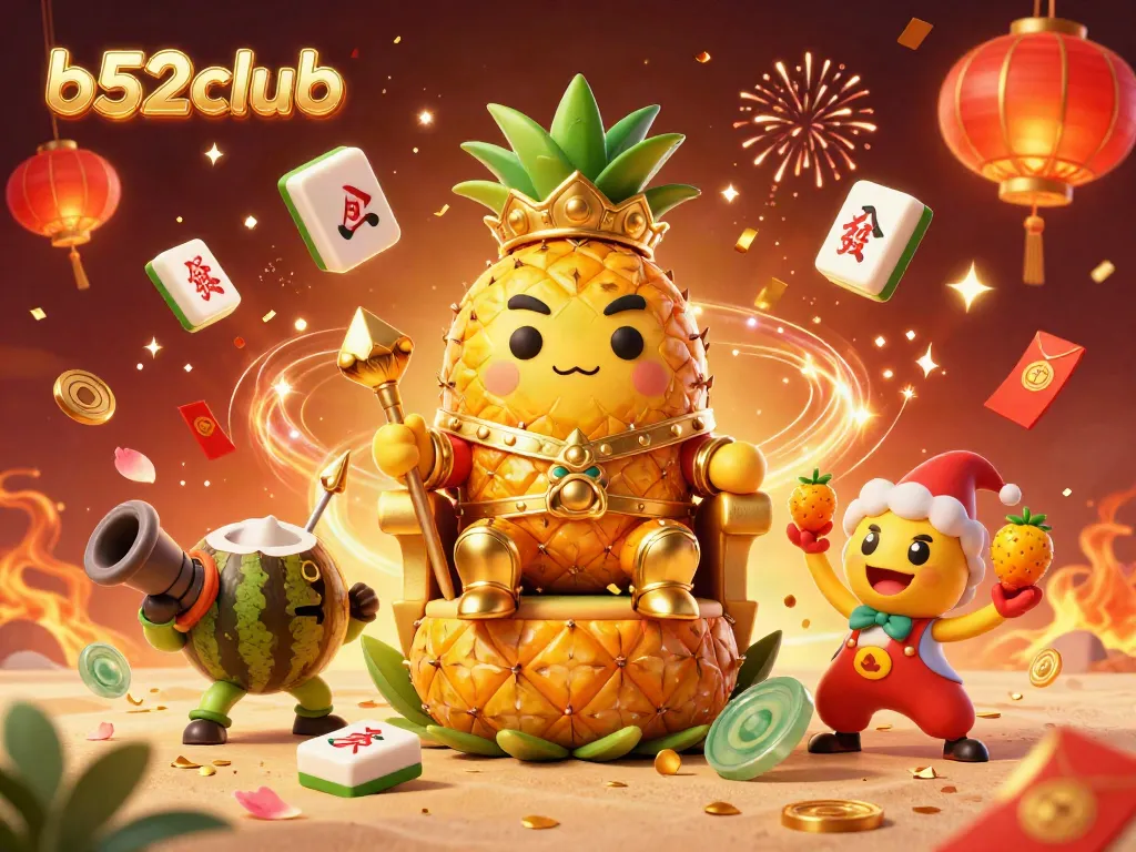 Engage with the b52club experience featuring a golden pineapple king among lively casino elements.