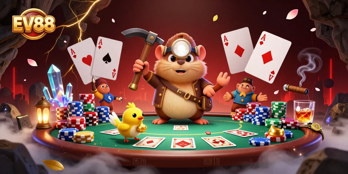 Join EV88's thrilling games, where poker chips and treasure await the adventurous mole.