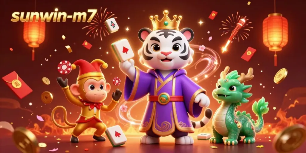 Experience the excitement of sunwin-m7 as a royal tiger, playful monkey, and jade dragon celebrate casino wins.