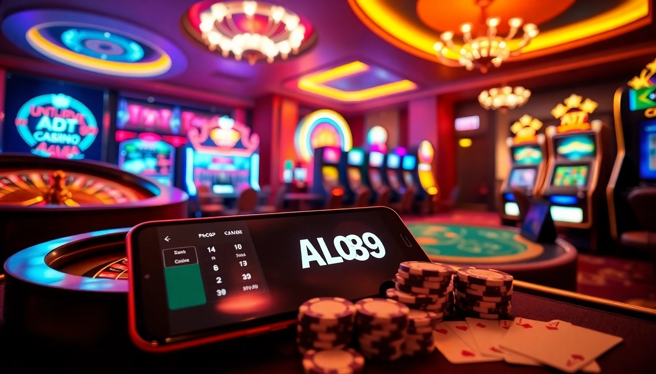 Alo789 players engaging in online gambling with vibrant casino visuals and the app interface.
