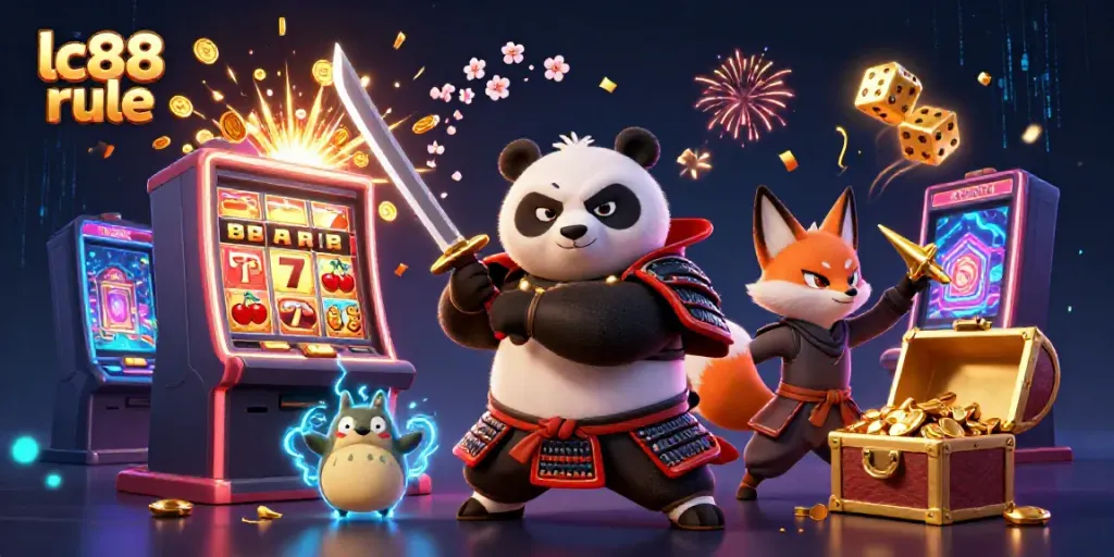 Engaging lc88 rule casino illustration featuring characters amidst jackpot symbols and vibrant gaming elements.