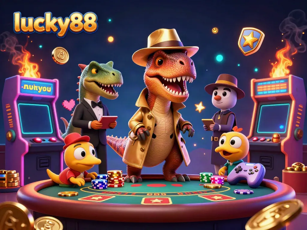Experience thrilling gameplay at lucky88 with cartoon characters in a vibrant casino setting.